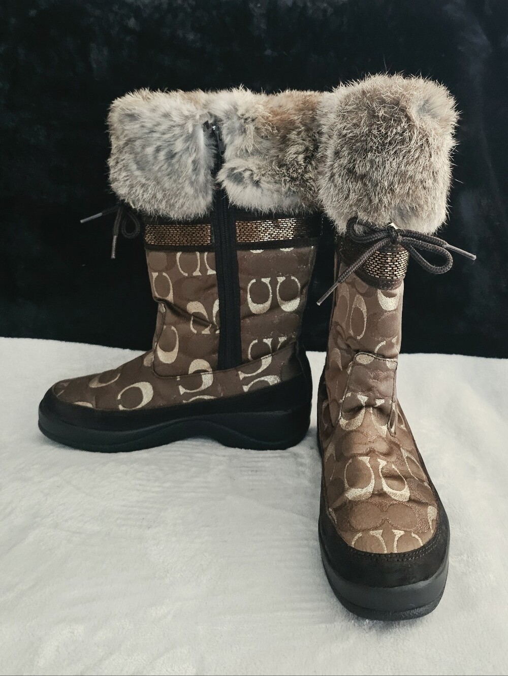Coach Chocolate Brown Logo Rabbit Fur-Trim Lace Boots- Size 7-VERY LIGHTLY USED